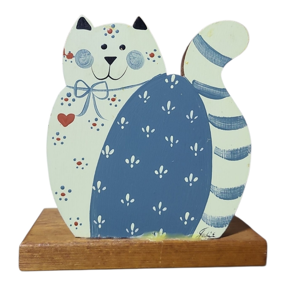 Wooden Cat Handpainted Napkin Mail Holder Blue & White Vintage Folk Art Signed